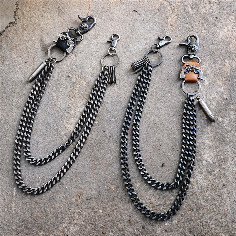 2025 Creative Dual Gun Bullet Pendant Cowhide Metal Pants Chain - Thick Double Chain Hip-Hop Punk Men's Waist Chain