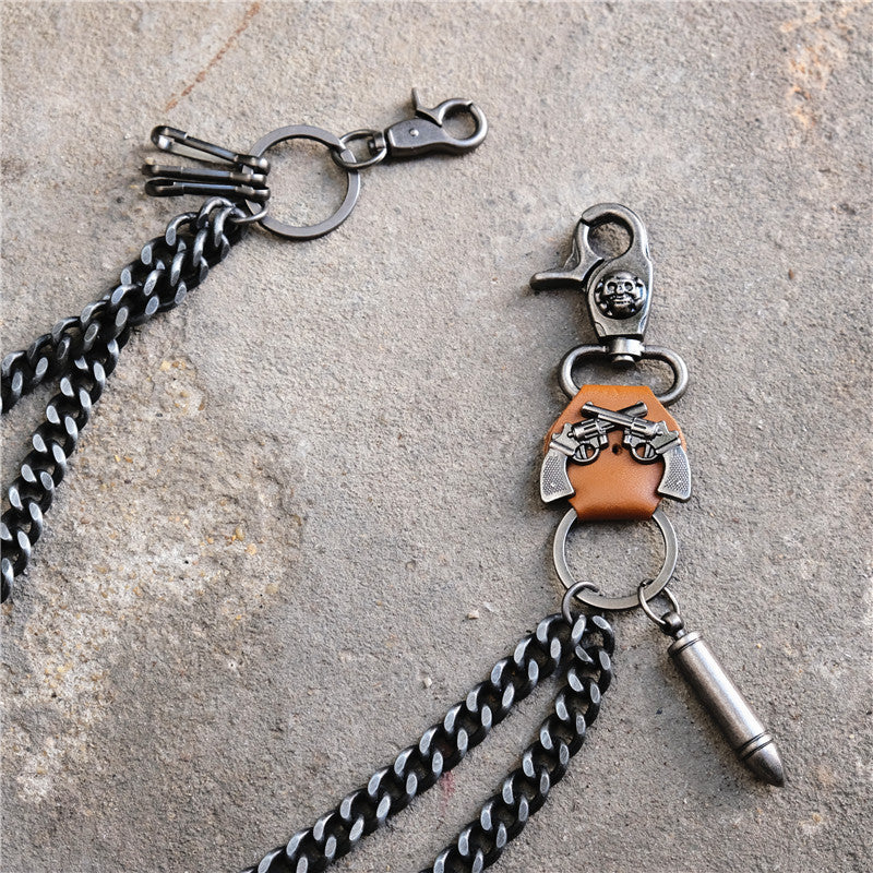 2025 Creative Dual Gun Bullet Pendant Cowhide Metal Pants Chain - Thick Double Chain Hip-Hop Punk Men's Waist Chain
