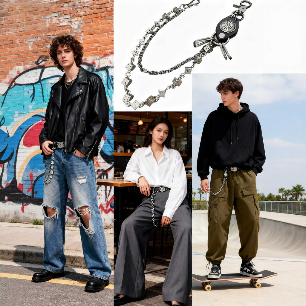 2025 New Retro Carved Genuine Leather Dice Pants Chain - Double-Layer Hip-Hop Versatile Waist Chain